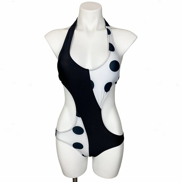 Polka Dot Colorblock Halter Wrap Monokini Swimsuit - Picture 5 of 8